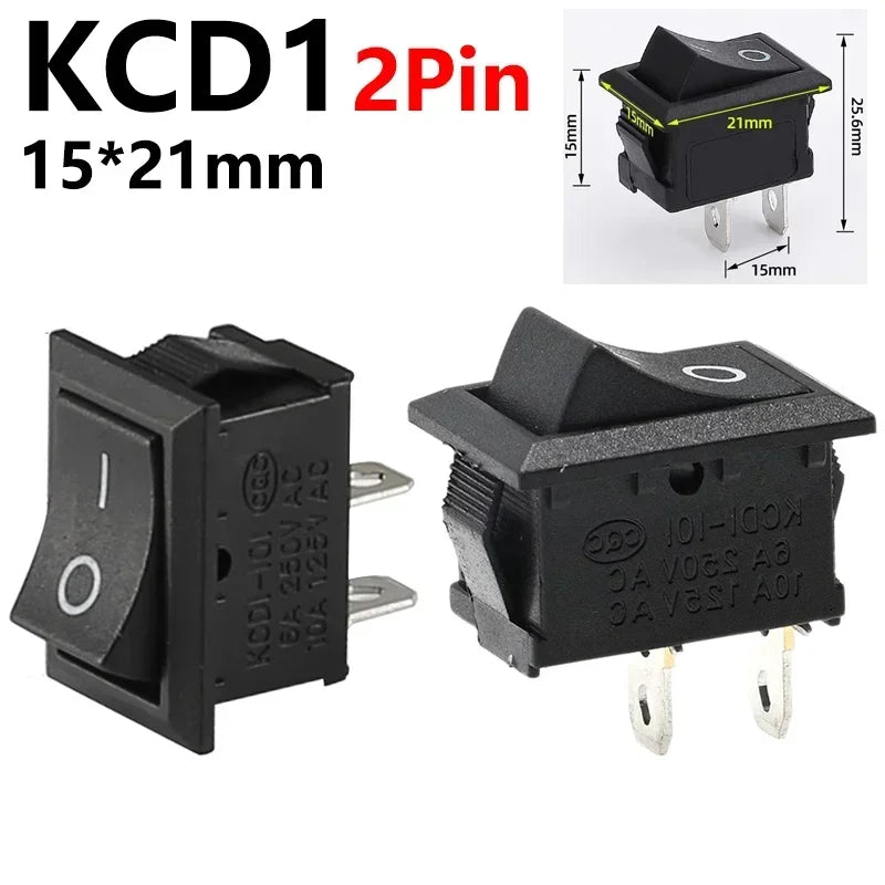Black Snap-in Rocker Switch 2 Pin Power Switches SPST Boat-Shape Push Button Switches 15x21mm Toggle Switch KCD11 / KCD1