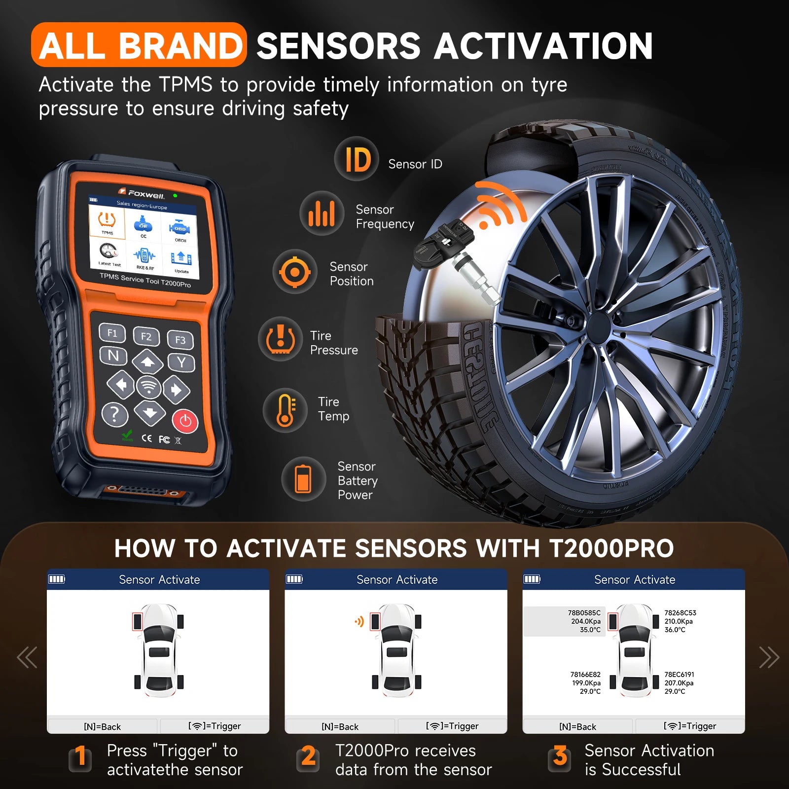 FOXWELL T2000 PRO TPMS Programming Tire Pressure Monitor TPMS Sensor Relearn Activate OBD2 Tire Pressure System Diagnostic Tool