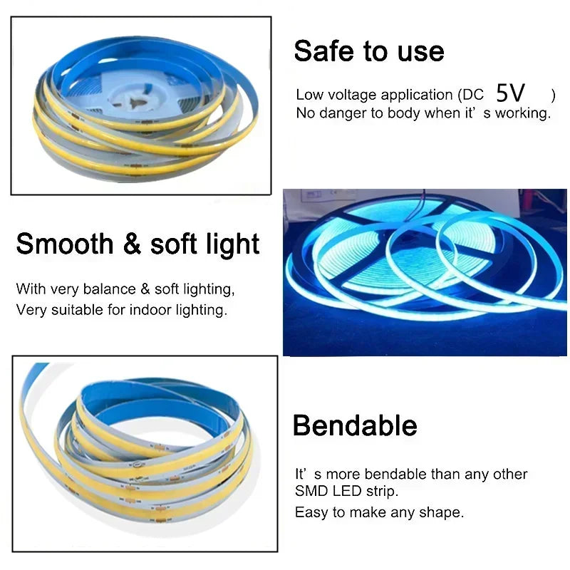 1-5M 5V USB LED Cabinet Light 320LEDs/M LED COB Strip Light Touch Sensor Dimmable Flexible Tape for DIY Backlight Decor Lighting