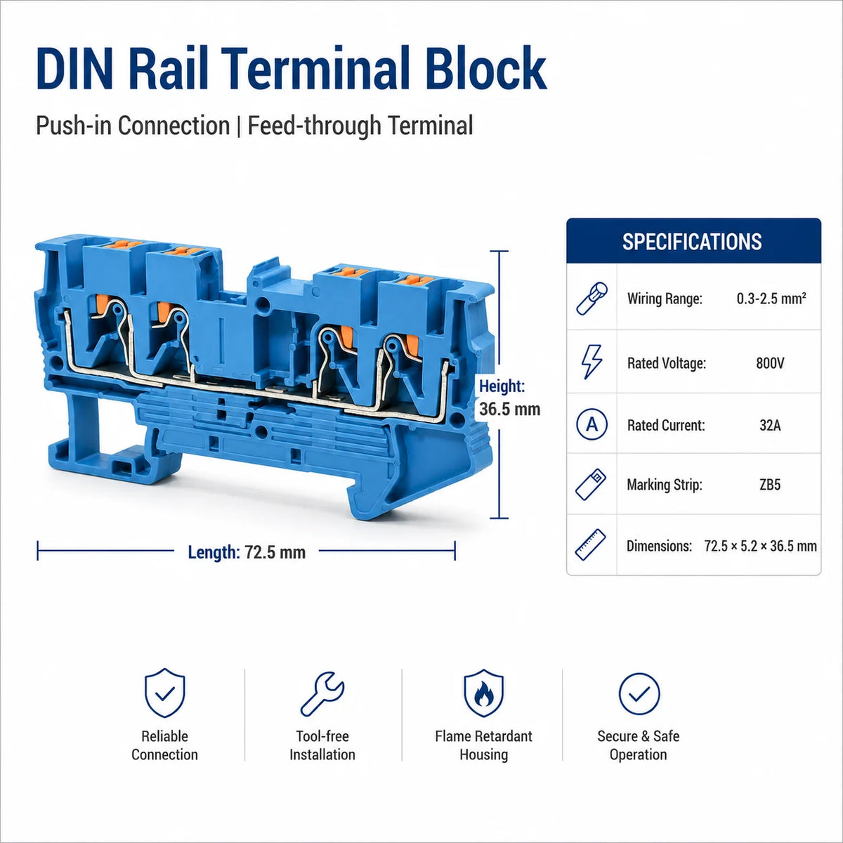 10PCS PT2.5‑QUATTRO 32A, 2‑in‑2‑out DIN Rail Push‑in Spring Double‑Deck Terminal Block, Quick Wiring Terminal Strip