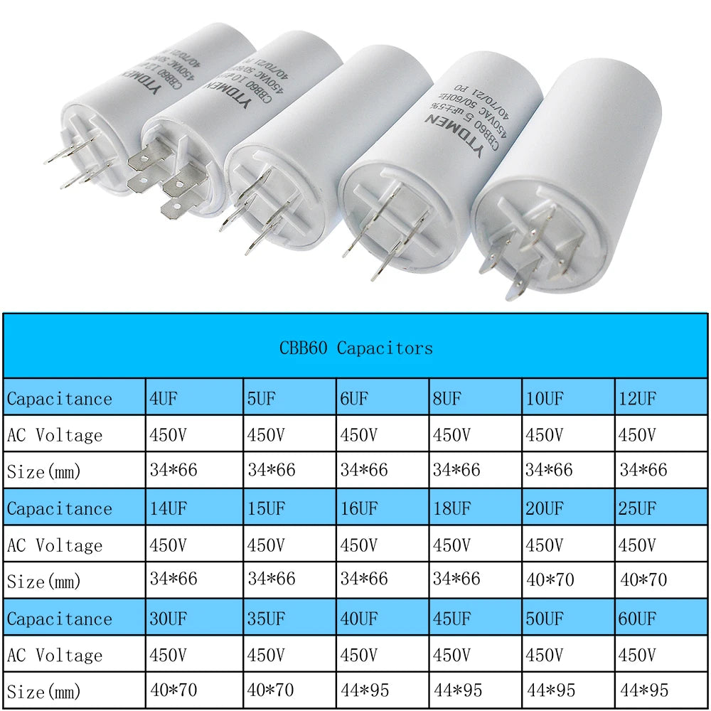 CBB60 Capacitor AC 450V Double Insert Electric Replacement Capacitors 4~60uF with Screw for Air Conditioner Motor Pump Fan ±5%