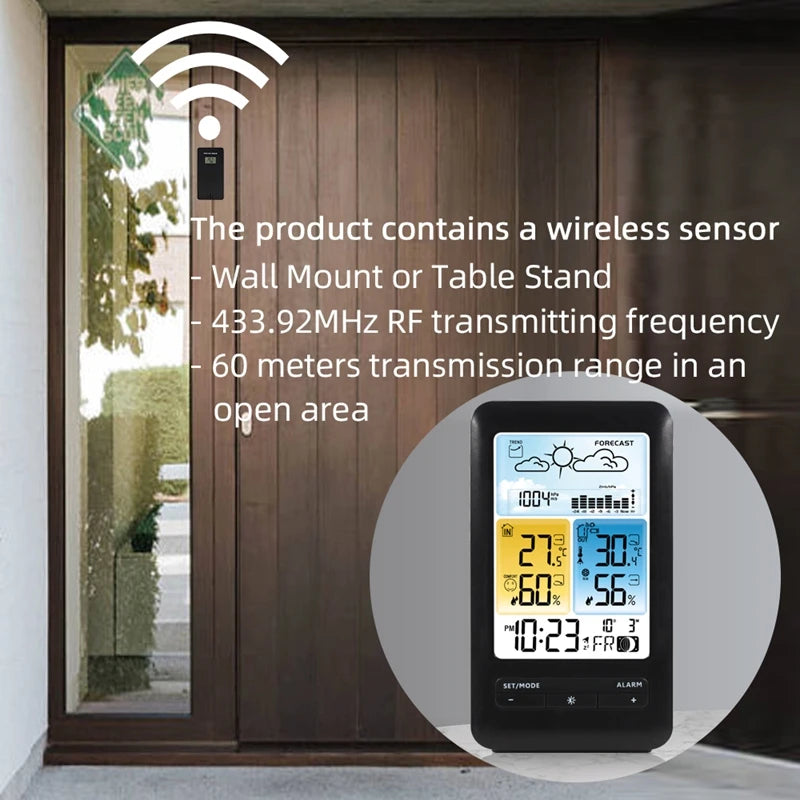 Wireless Table Weather Station Color LCD Digital Temperature Humidity Monitor Moon Phase Barometer Forecast Sensor Alarm Clock