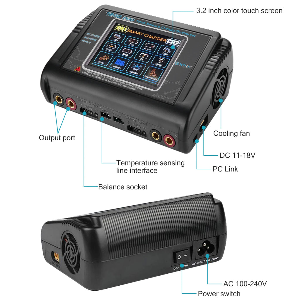 HTRC Lipo Charger T240/L6X2 DUO AC 150W DC 240W 10A Touch Screen Dual Channel Battery Balance Charger Discharger For RC Toy