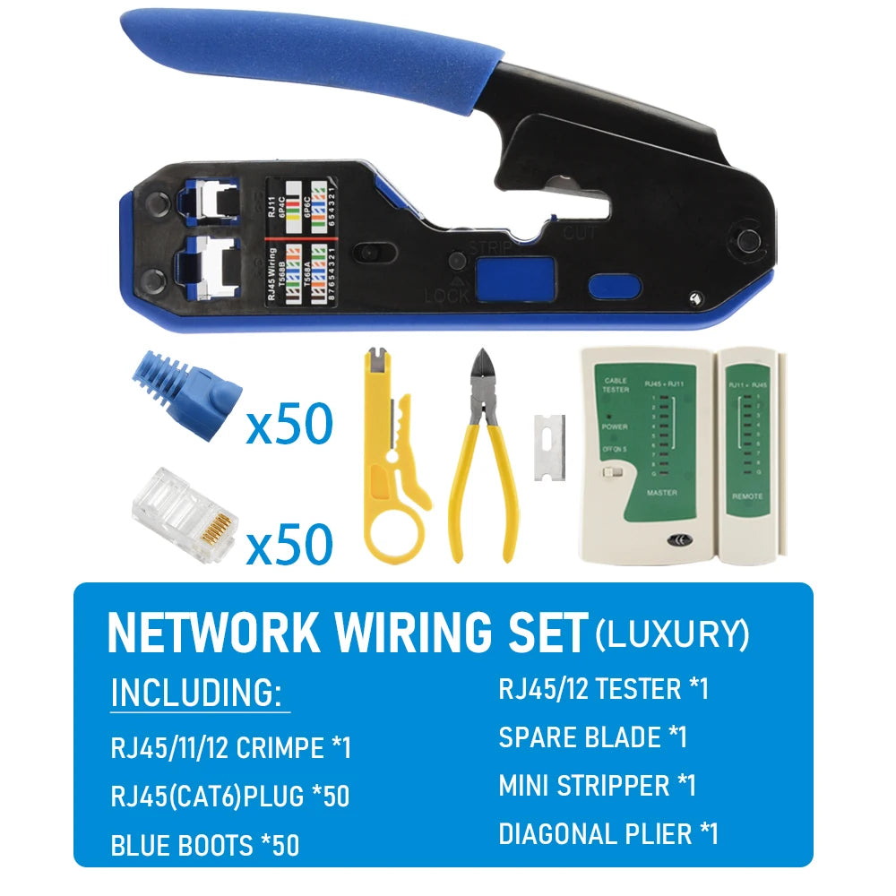 RJ45 Crimping Tool Set, 8P6P Cat5 Cat5e Cat6 Ethernet Crimper Pliers with Wire Stripper Cutter for RJ11 RJ12 Modular Plugs