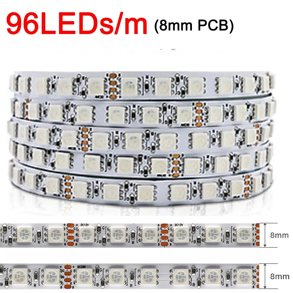 5m 12V 24V DC RGB LED Strip 30LEDs/m 60LEDs/m 96LEDs/m 120LEDs/m SMD 5050 Flexible LED Light Tape 8mm 10mm PCB for Decoration