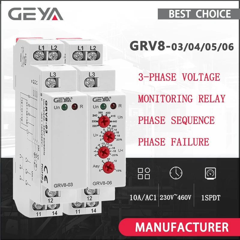 GEYA Din Rail 3 Phase Failure Phase Sequence Voltage Monitoring Relay Voltage Protection Relay 220V~460V 10A