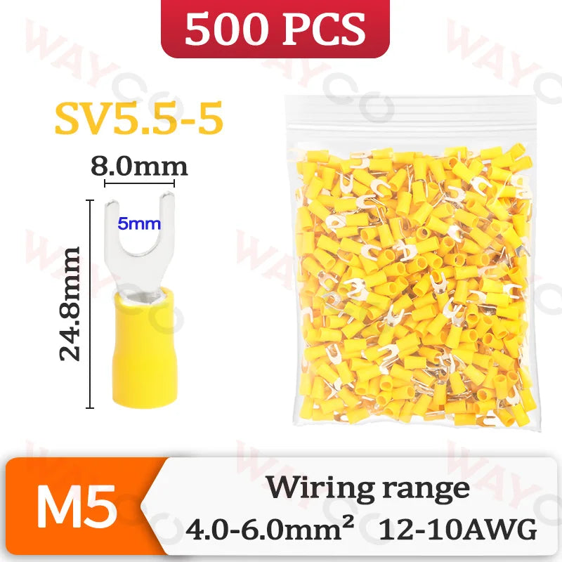 500PCS Fork Crimp Terminal M4/M5/M6 Spade Plugs Pre-insulated Ferrules Lugs For Splice Electricals Cable Wire End Connectors