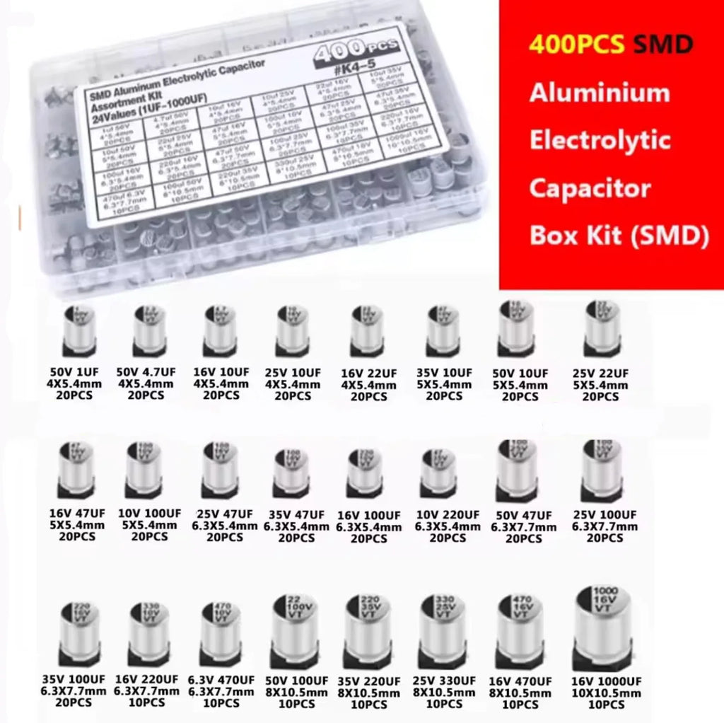 145PCS/400PCS capacitor kit Aluminum Electrolytic SMD  condensadores electrolíticos 1uF~1000uF 6.3V-50V 10/24Value with box kit