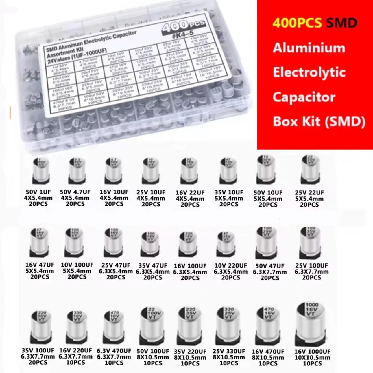 145PCS/400PCS capacitor kit Aluminum Electrolytic SMD  condensadores electrolíticos 1uF~1000uF 6.3V-50V 10/24Value with box kit