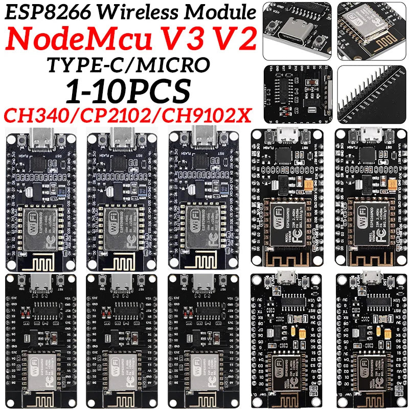 ESP8266 Wireless Module CH340/CP2102/CH9102X NodeMcu V3 V2 Lua WIFI Internet of Things Development Board Based ESP-12E ZY8266