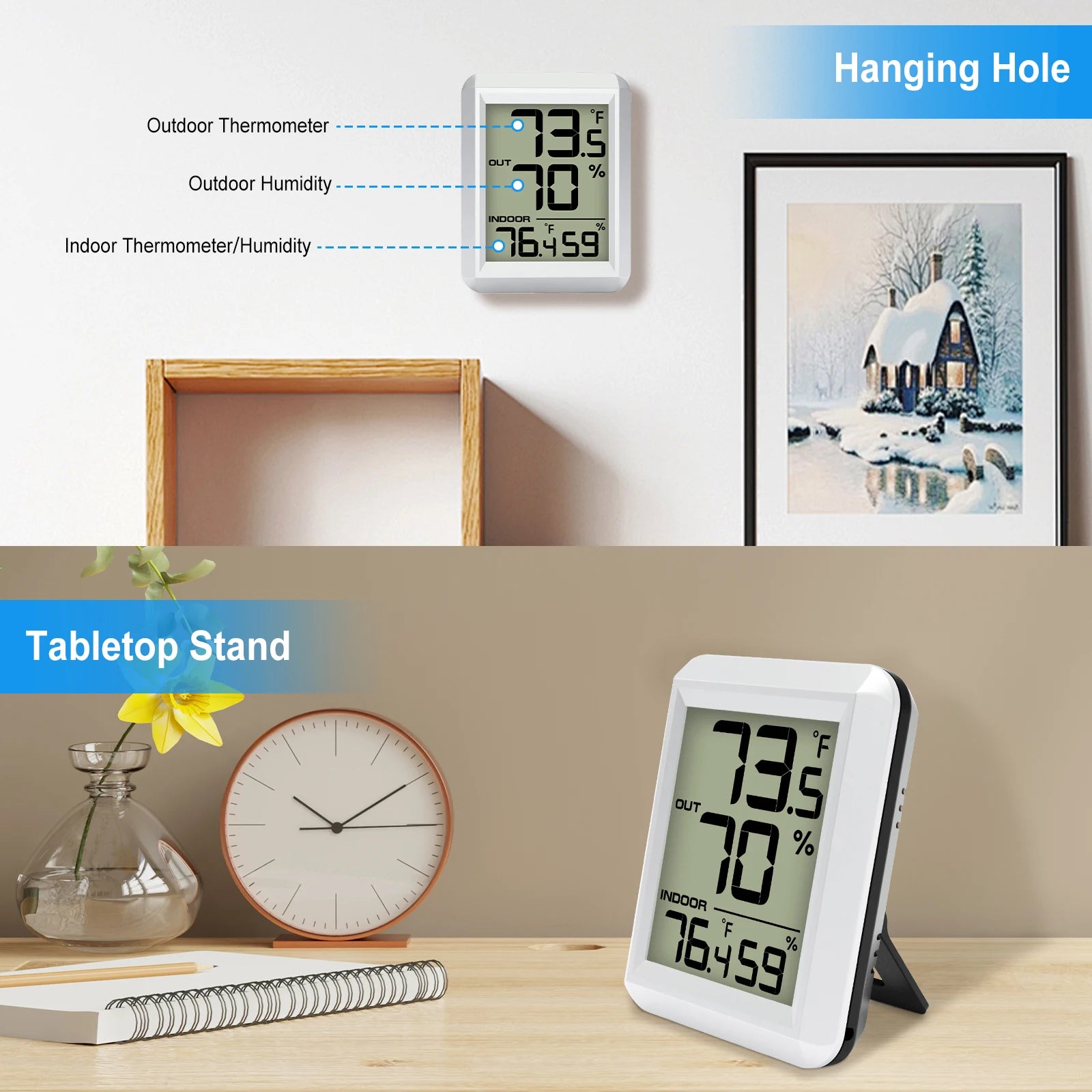 LCD Digital Thermometer Hygrometer Wireless Weather Station Thermo-hygrometer 328ft Remote Sensor  Resolution for Home Garden