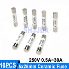 10PCS 5*25MM Ceramic fuse 250V 0.5A 1A 2A 3A 4A 5A 6A 8A 10A 13A 15A 16A 20A 25A 30A Ceramic Fuse 5*25MM 250V RO55