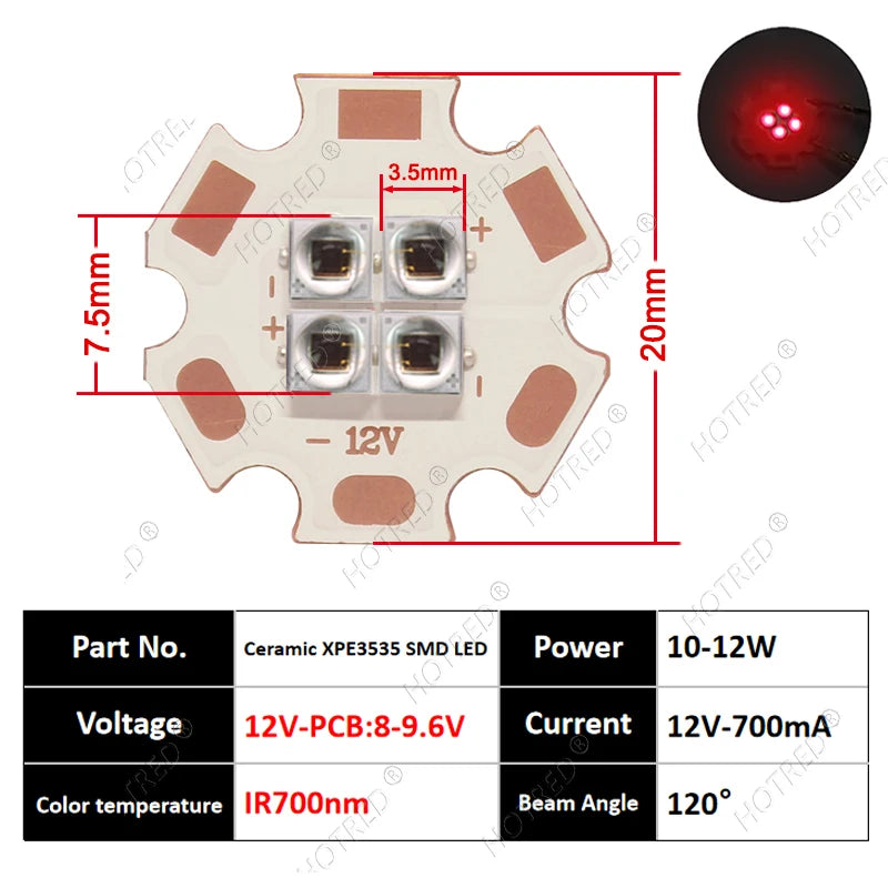 10W High Power LED Chip IR Infrared 660nm 680/730/760/810/850nm 12W 3535 Bead 2V 4V 8V 700/1400/2800mA For Night Vision Security