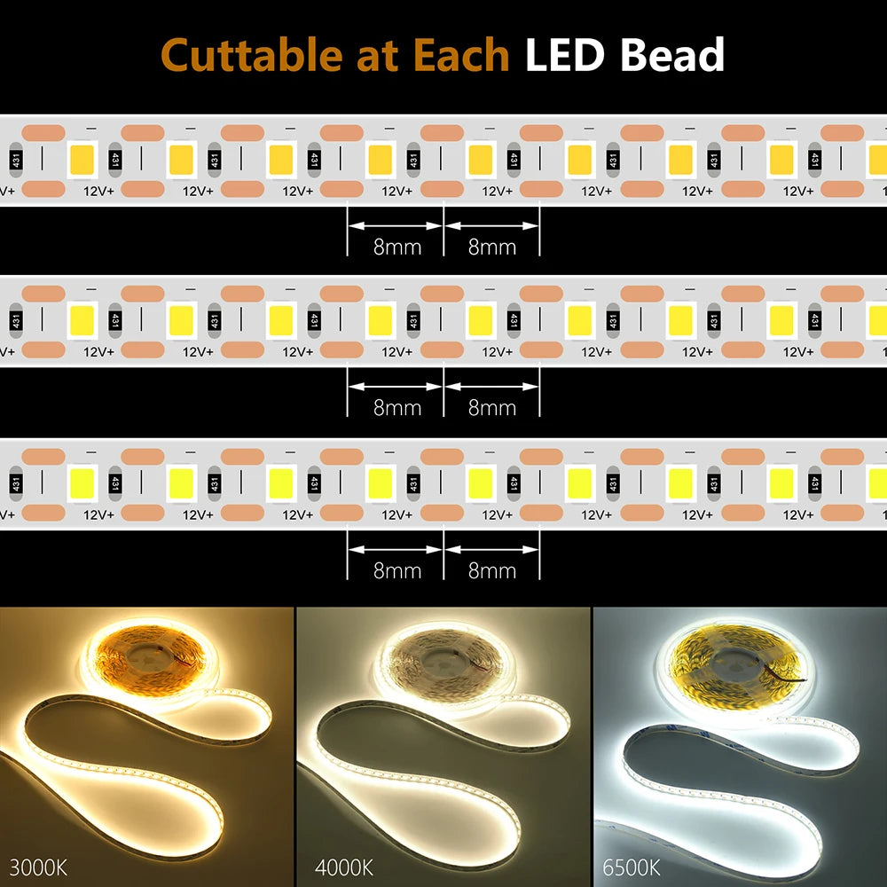 5mm 8mm PCB Led Strip Light 1 LED Cut 12V 24V 5m 2835 SMD 120LEDs/m High Brightness Flexible Tape LED Lighting Ribbon for Home