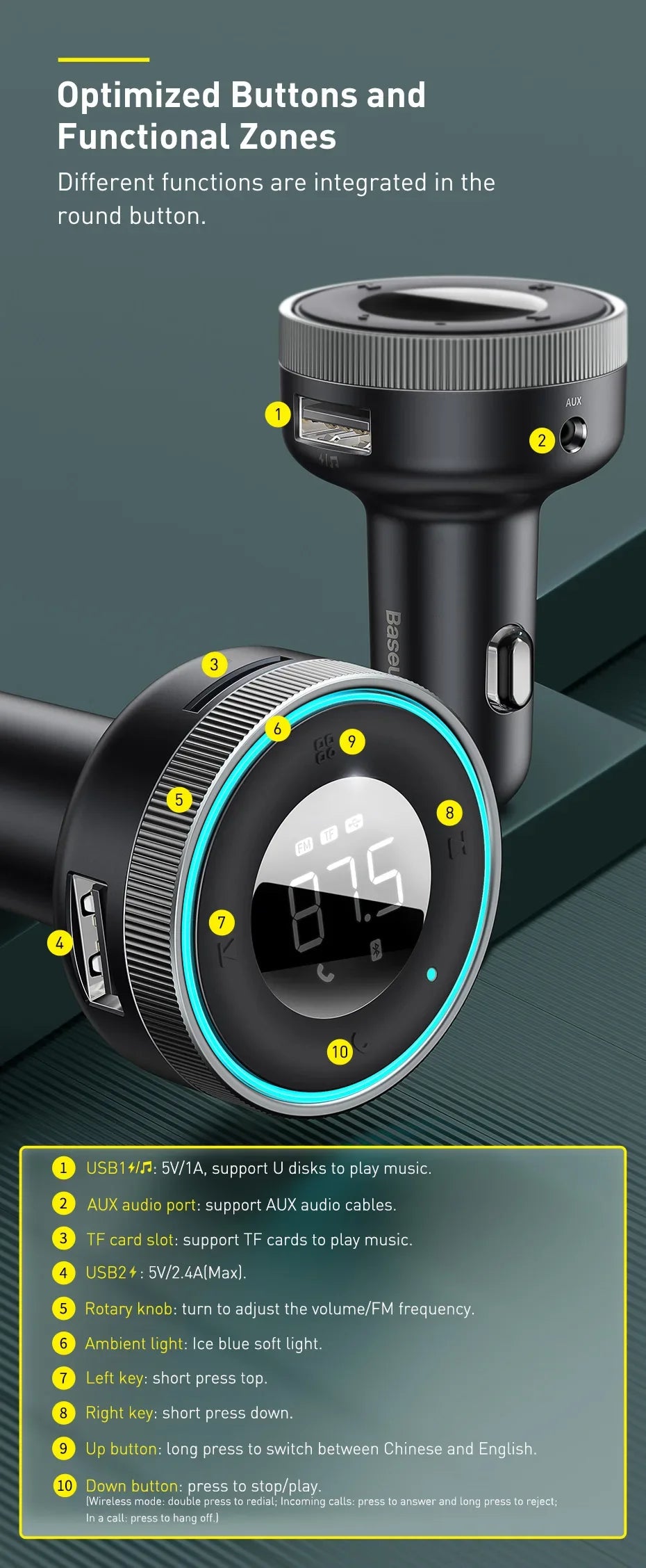 Bluetooth 5.3 FM Transmitter Car Cigarette Lighter Dual USB Fast Charging Handsfree Calling Vehicle Audio Receiver