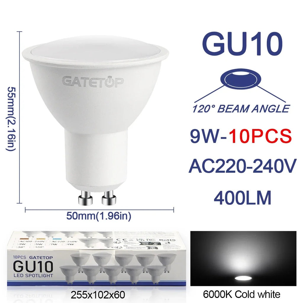 10 Pack Focos Gu10 Spotlight Lampara 220V Led Bulb Wholesale 9W White Warm 3000k 6000K Suitable for Home Commercial Buildings