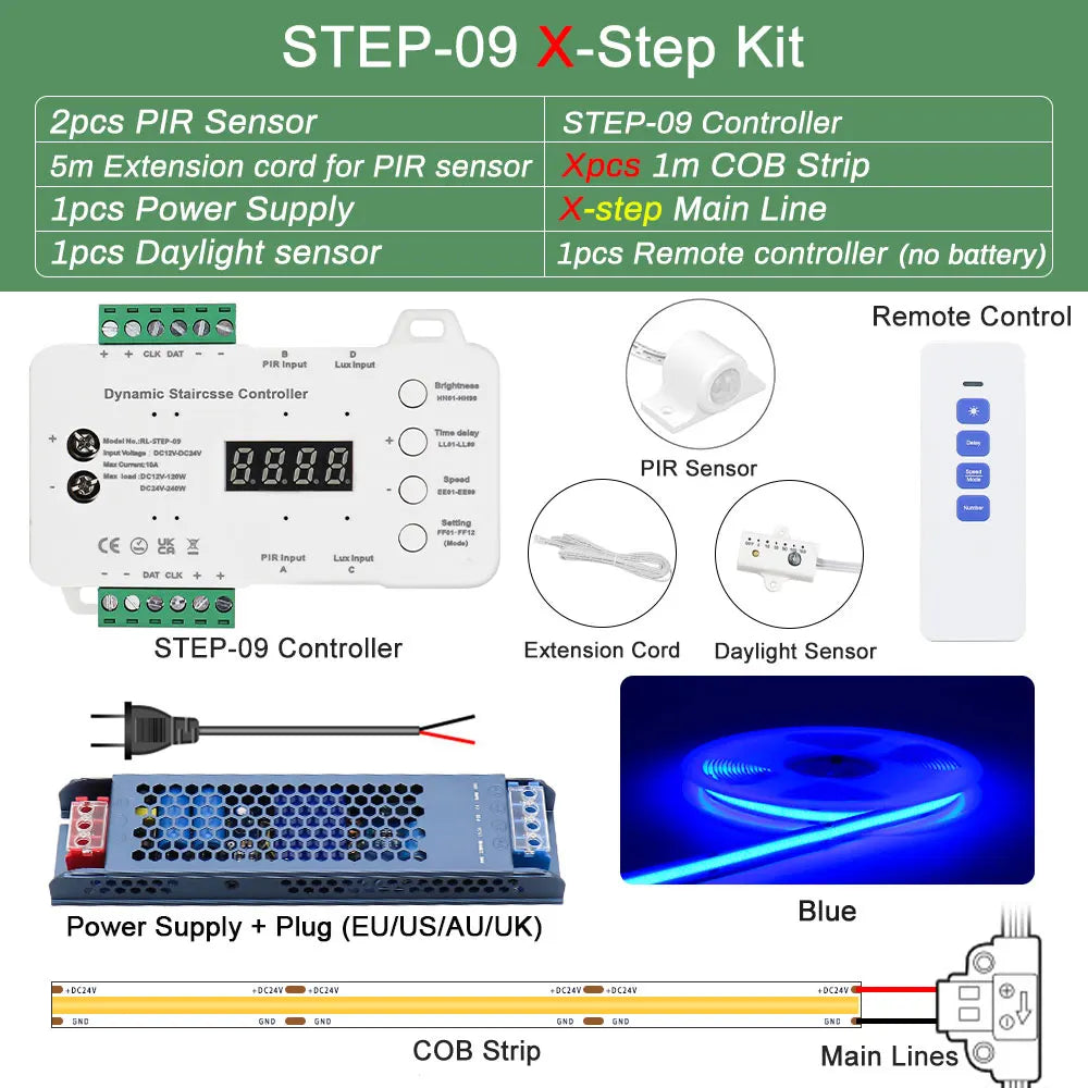 COB LED Strip PIR Motion Sensor Stair Lights Kit Step by Step Control Indoor Smart Staircase Lighting Controller with Main Line