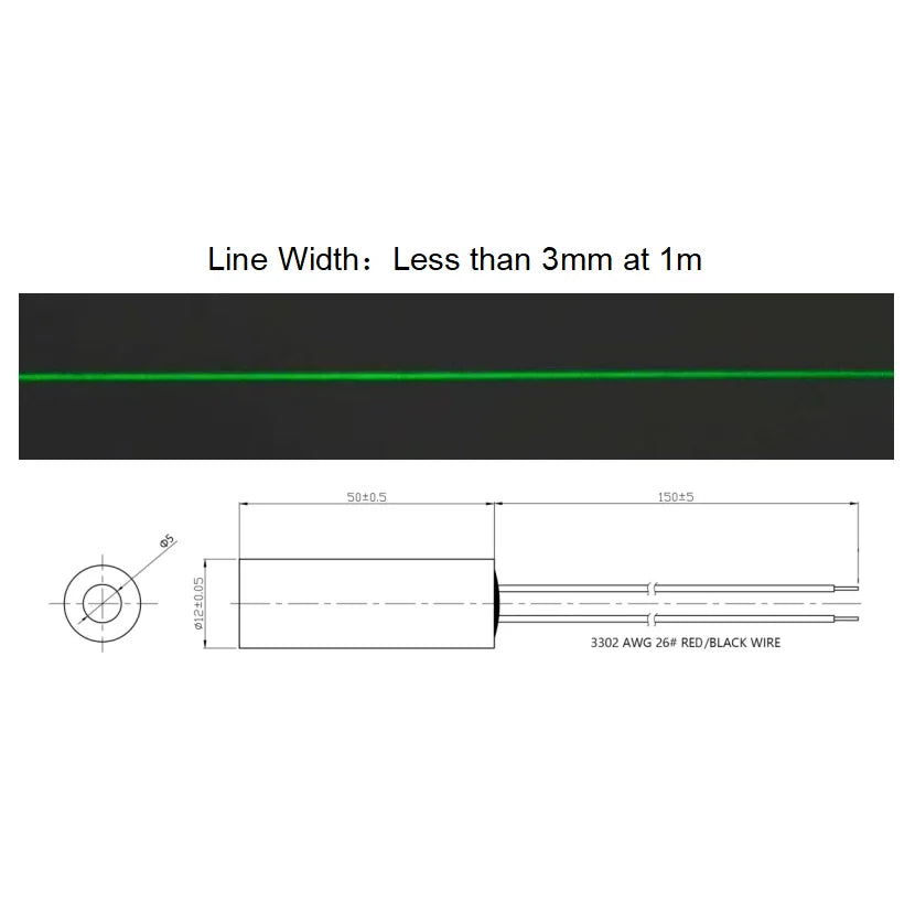 Economical Compact Green Line Laser Diode Module 520nm D12mm 5mW 3V 5V 12V 24V Industrial Grade for Woodworking Machinery