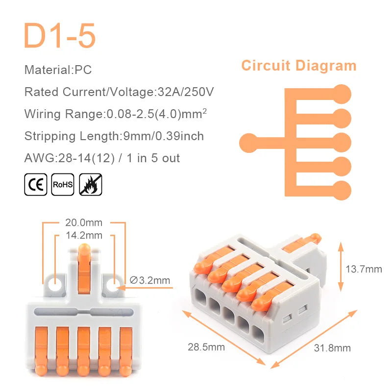 Mini Quick Wire Conductor Connector Universal Compact 2/3 Pin Splicing Push-inTerminal Block 1 in multiple out with fixing Hole