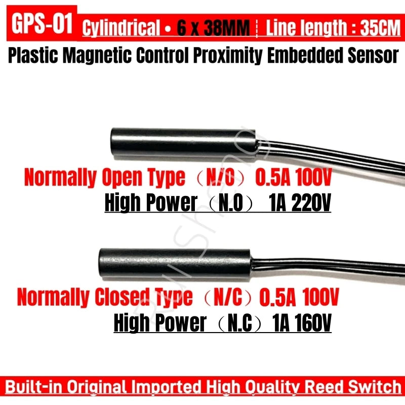 5PCS High Power GPS-01 6*38MM Waterproof Magnetic Contact Reed Switch 1A 160V 220V Normally Open/Closed NO NC Embedded Sensor