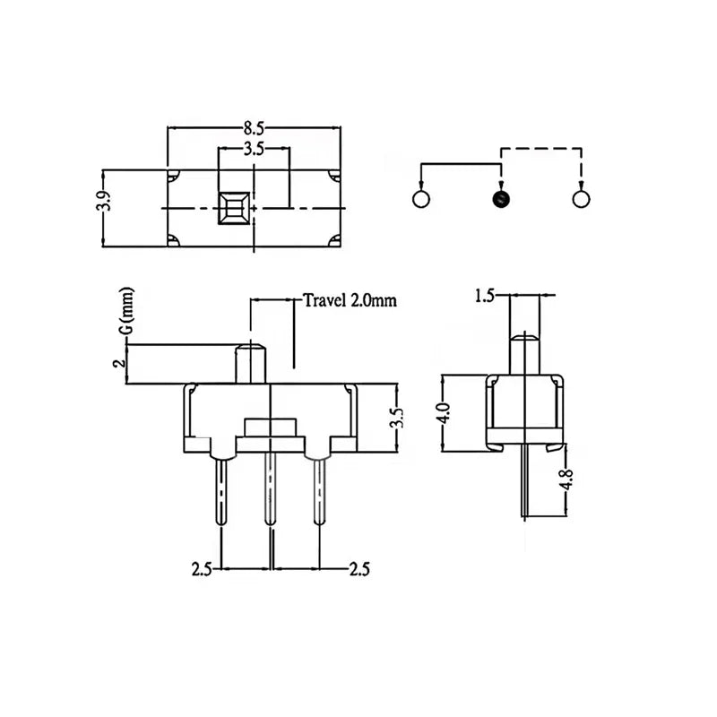 1Box Micro Slide Switch Kit 1P2T SPDT 3 Pin 2 Positions DIP PCB Mount ON-OFF Toggle Switch Interruptores 2/3/4/5/6/7MM 50V 0.5A