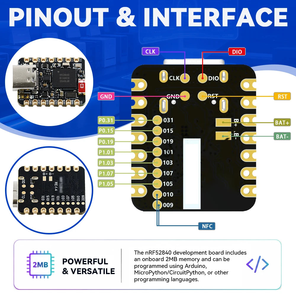 MINI NRF52840 Development Board BT5.0 Bluetooth Module MCU Main Control Board 18*21MM QSPIFlash TYPE-C