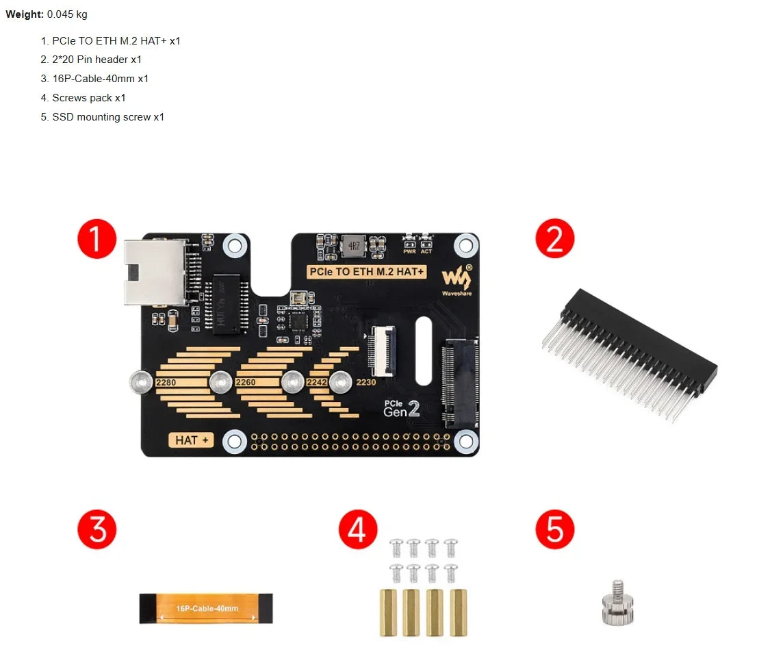 Raspberry Pi 5 PCIe To.2 NVME SSD And Gigabit Ethernet RJ45 HAT RTL8111H M_KEY 2230/2242/2260/2280
