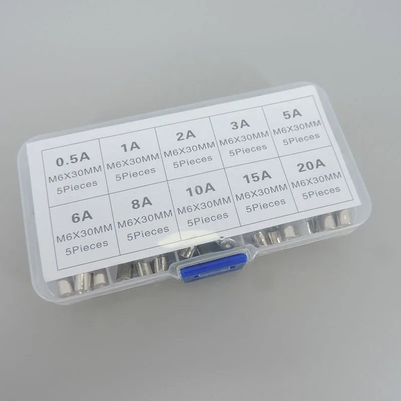 50Pc/box 6x30mm fast Blow Glass Tube mix Fuse Assorted Box mix Kits T 0.5A 1A, 2A, 3A, 5A, 6A, 8A, 10A, 15A, 20A 3cm 6x30 c1