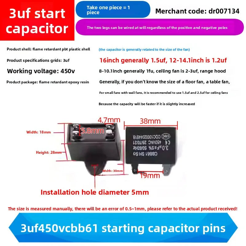 CBB61 Fan Air Conditioner Starting Capacitor 450V 1/1.2/1.5/2/2.5/3/3.5/4/4.5/5/6/7/8/10/12UF Ceiling Fan Hood Motor Capacitor