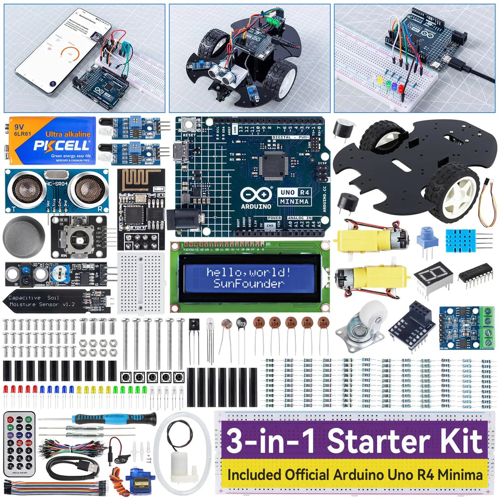 SunFounder 3-in-1 Super Starter Kit with Original Arduino Uno R4 Minima, IoT&Smart Car Projects, ESP8266 WiFi, 50+ Tutorials