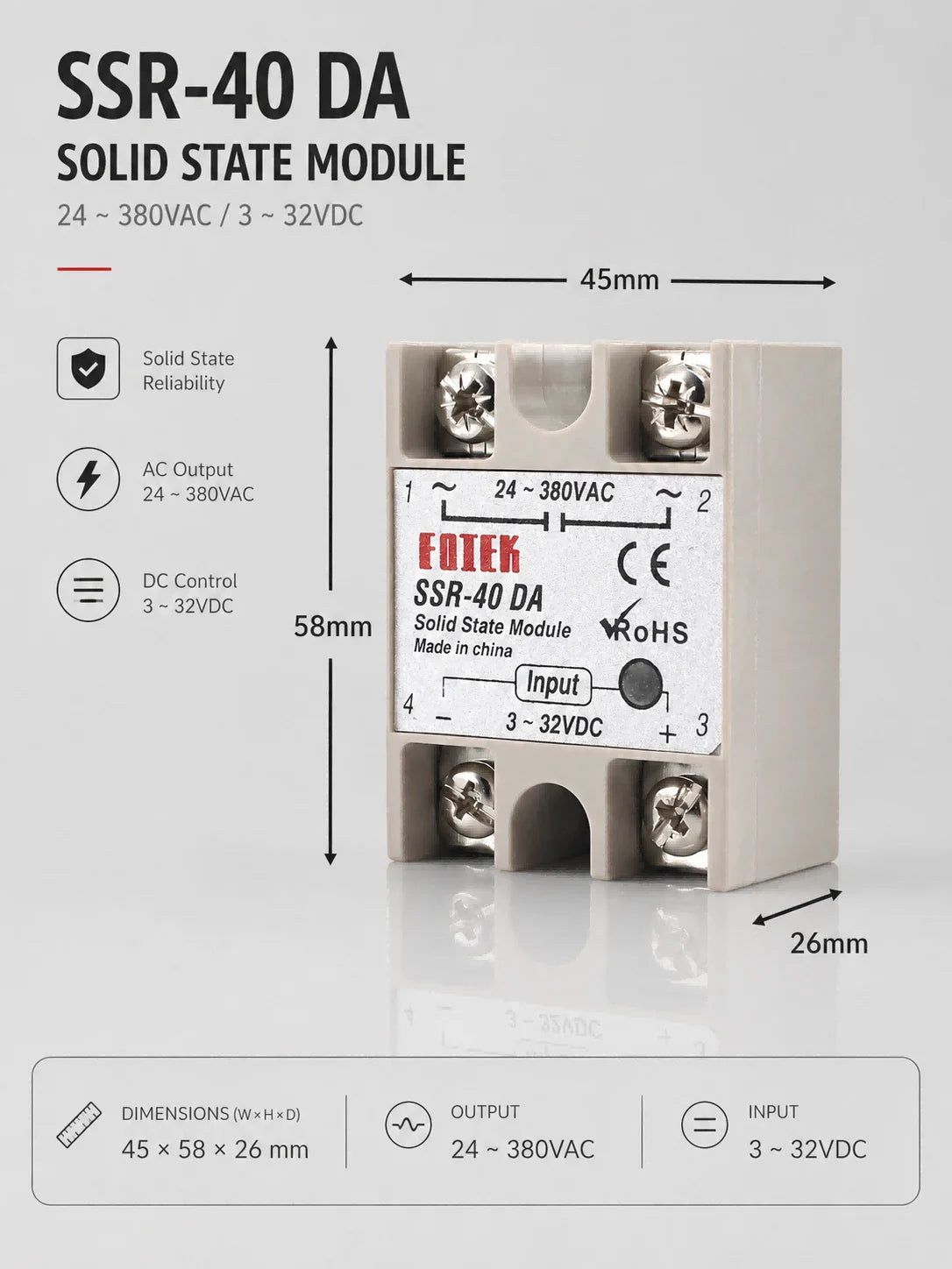 Solid State Relay SSR DA Single Phase 10A 25A 40A 60A 80A 100A 3-32VDC Input 24-380VAC Output for PID Temperature Control