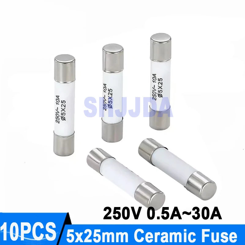 10PCS 5*25MM Ceramic fuse 250V 0.5A 1A 2A 3A 4A 5A 6A 8A 10A 13A 15A 16A 20A 25A 30A Ceramic Fuse 5*25MM 250V RO55