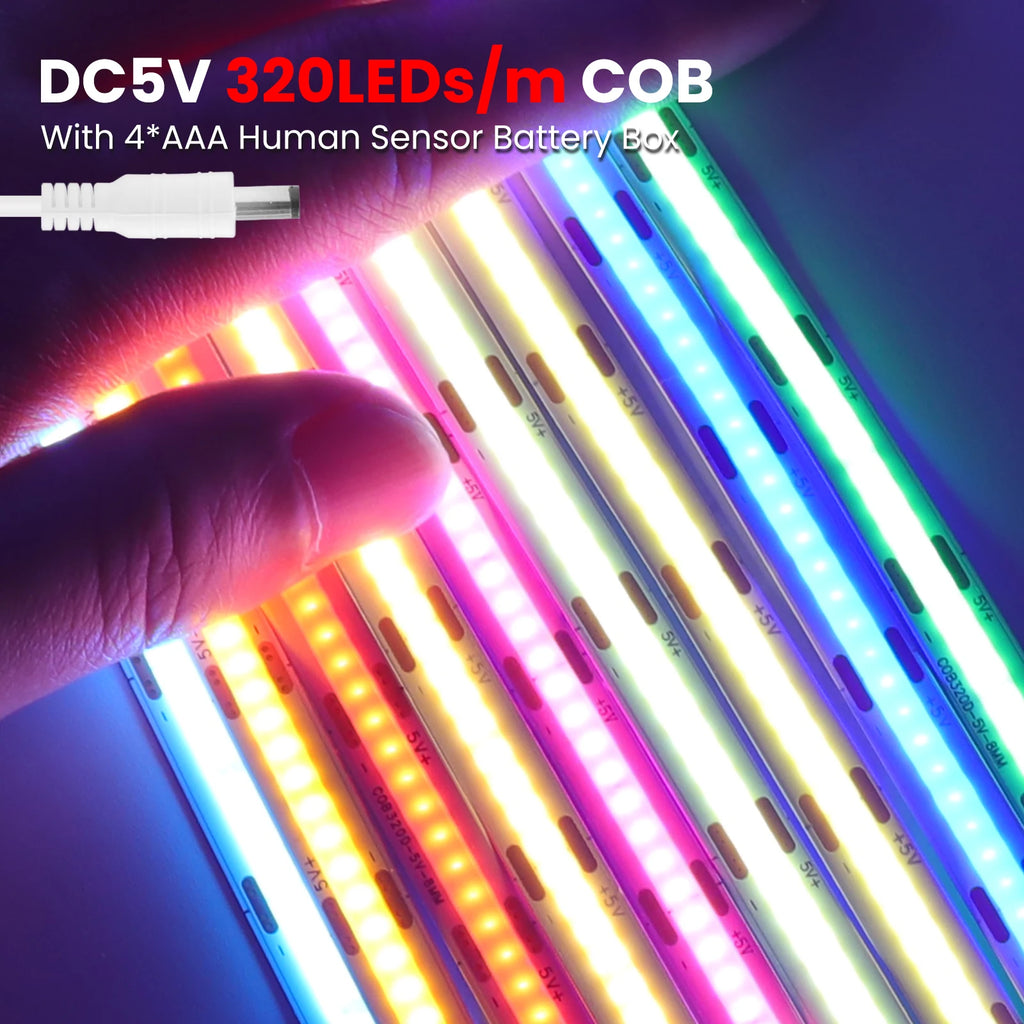 8MM COB Led Strip 5V with Motion Sensor Battery Powered 320LEDs/M Led Induction Night Light Warm White Red Ice Blue Green Yellow