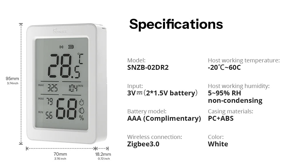 SONOFF SNZB-02DR2 AirGuard TH 3.6'' LCD Zigbee Temperature Humidity Sensor App Monitoring Work With Apple Home Via Matter Bridge