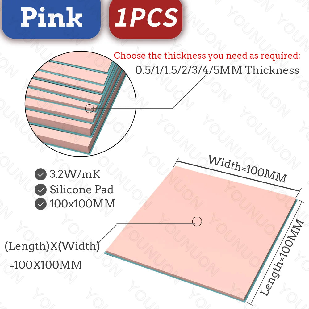YOUNUON 100x100mm 0.5mm 1mm 1.5mm 2mm 3mm 4mm 5mm tichkess Thermal Pad CPU Heatsink Pad Cooling Conductive Silicone Thermal