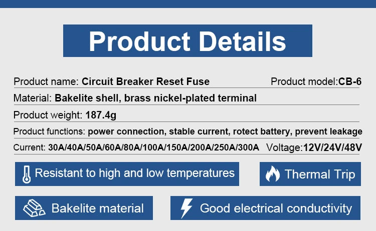 Circuit Breaker Reset Fuse 12v 24v 48v DC 20A-300A 250A Solar Fuse Car Boat Audio Manual Power Protect Fuse Resettable Insurance