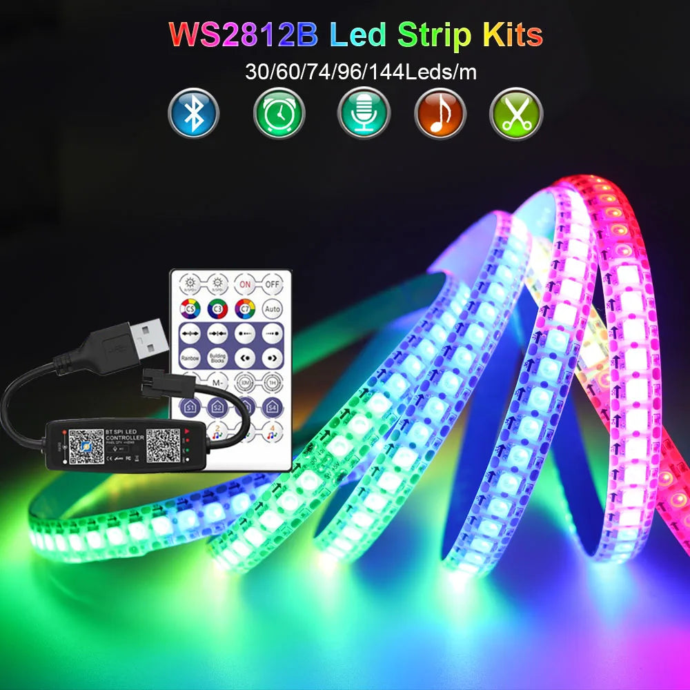 WS2812B LED Strip Bluetooth Music USB Controller Kit Individually Addressable Smart RGB LED Tape 30/60/74/96/144Leds/m DC5V