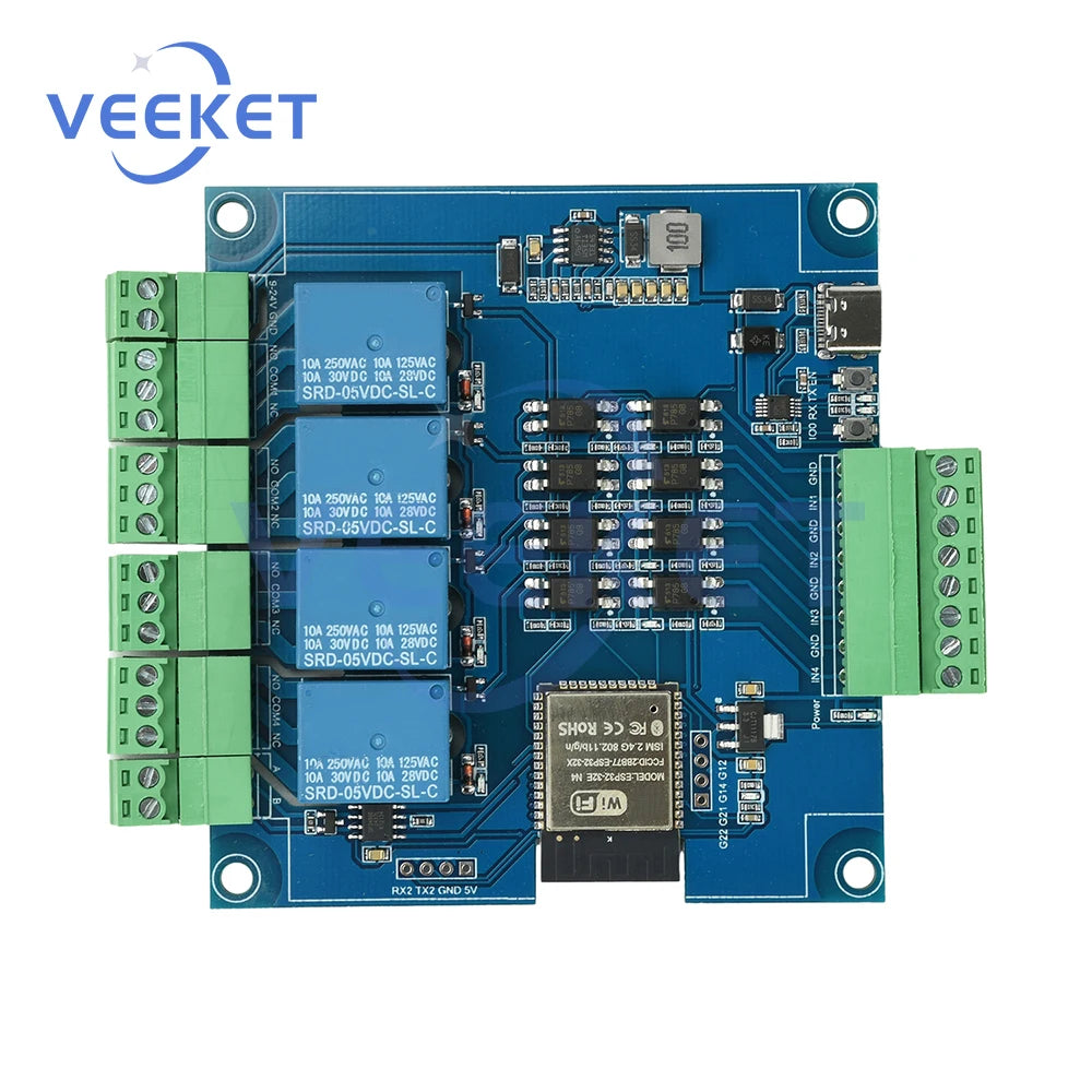 4 Channel Relay Module ESP32 RS485 Modbus WIFI Bluetooth Optocoupler Isolation Type C Interface for Industrial Automation