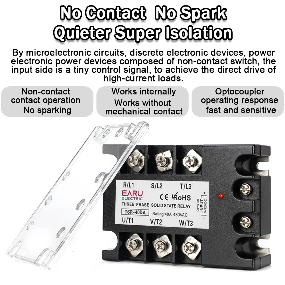 EARU Three Phase DC Control AC Solid State Relay Module SSR 10A 25A 40A 60A 80A 100A 150A 200A 5-32VDC to 24-480VAC Heat Sink