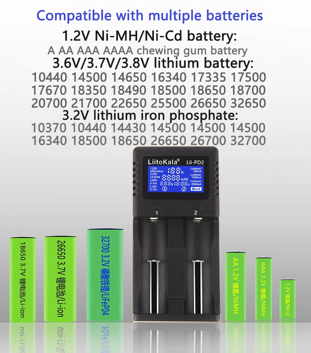Liitokala Lii-PD4 Lii-PD2 18650 Battery Charger for 1.2V 3.7V NiMH 26650 21700 18350 18500 14500 AA AAA LiFePO4 Batteries