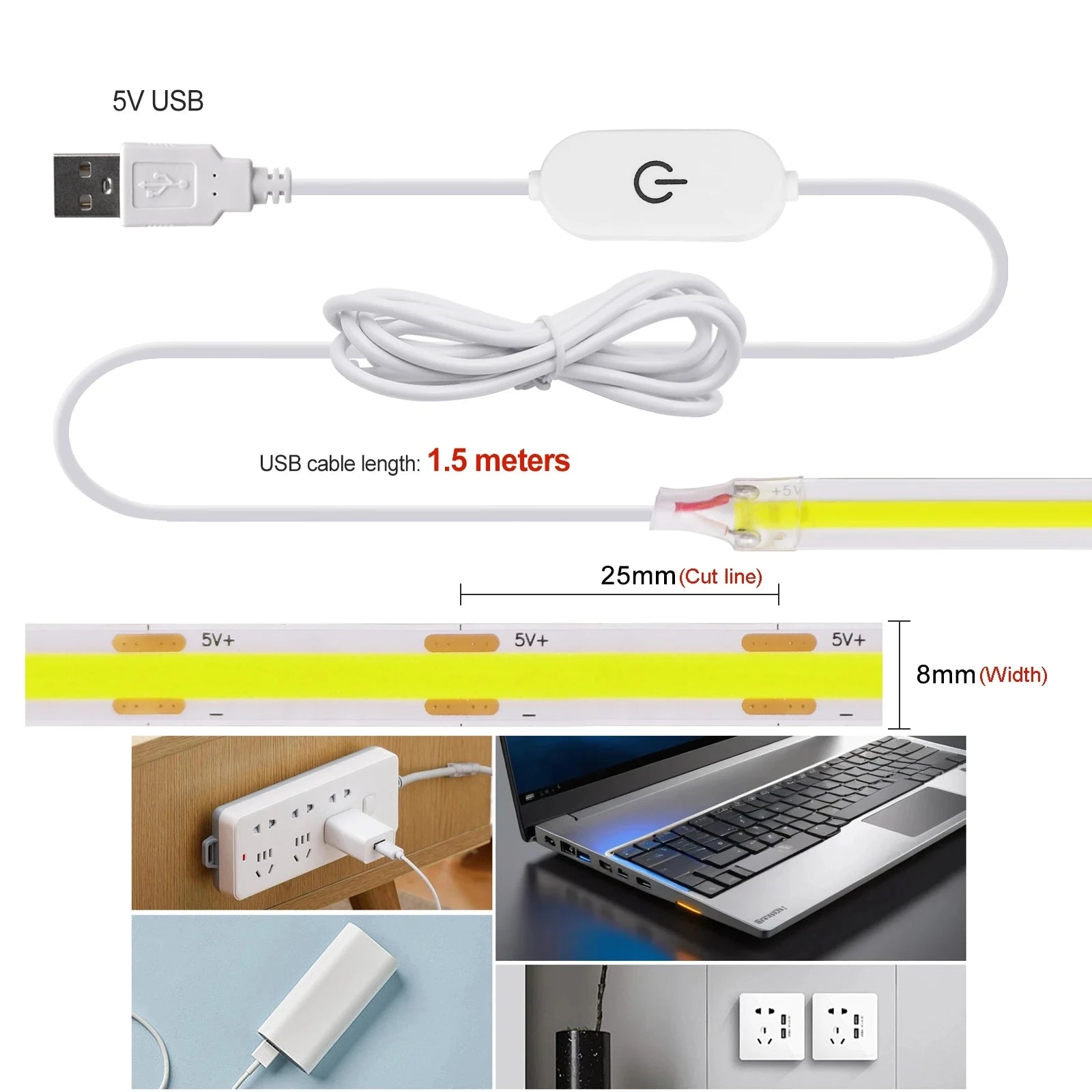 5V Flexible COB LED Strip Light 320LEDs/m White/Red/Blue/Green USB Power with Dimmer/Switch Adhesive Tape Cabinet Room Lighting