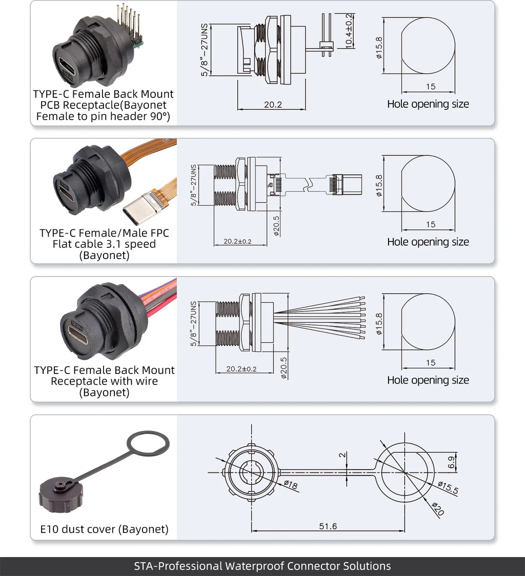 Type-c to USB 3.0 IP67/Ip68 Waterproof Connector Aviation Plug Quick Charge Female to Female Panel Mount PCB Socket FPC Cable