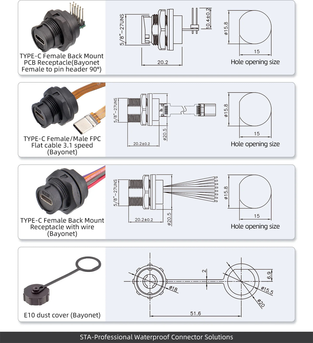 Type-c to USB 3.0 IP67/Ip68 Waterproof Connector Aviation Plug Quick Charge Female to Female Panel Mount PCB Socket FPC Cable