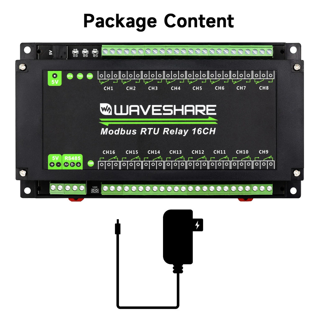 Waveshare Modbus RTU 16-Ch Relay Module, RS485 Interface, With Multiple Isolation Protection Circuits, Rail-Mount Case
