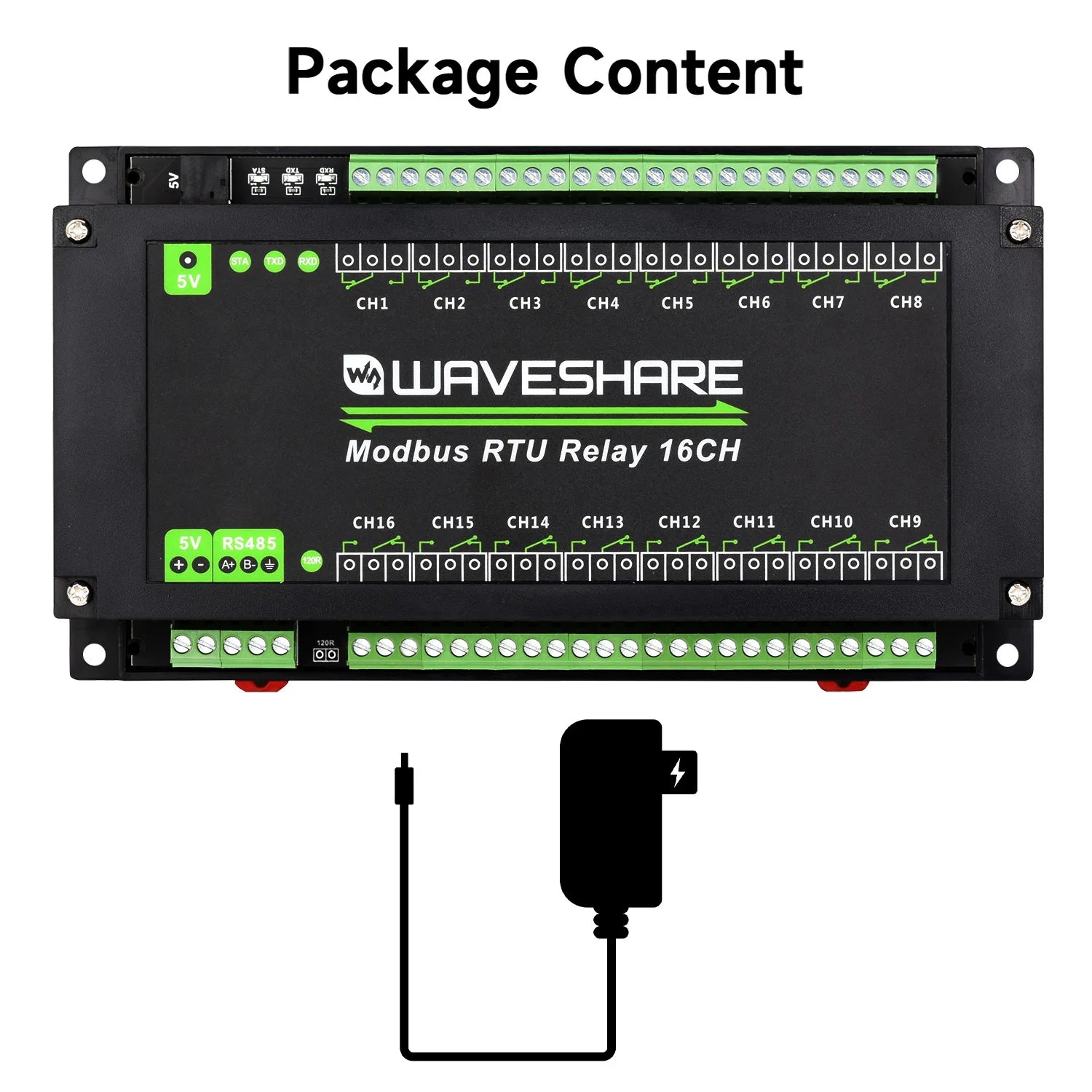 Waveshare Modbus RTU 16-Ch Relay Module, RS485 Interface, With Multiple Isolation Protection Circuits, Rail-Mount Case