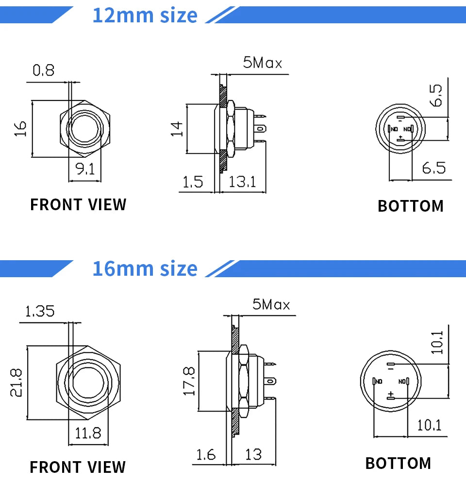 12/16/19/22/25/30mm Short Stroke Mini Waterproof Metal Push Button Switch Power Led Light Momentary 5/12/24/220V Black 1NO