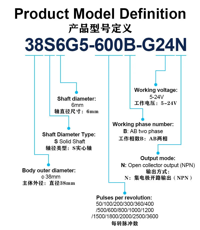 38S6G5-B-G24N Rotary Incremental Encoder AB 2 Phase Connection 50/100/200/360P/R 5-24V Solid Shaft DC Open Collector Output NPN