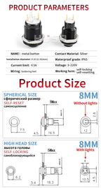 8 10 12 16 19 22mm high head small Waterproof Metal Push Button Switch LED Light Self-locking/Self-reset 3/6/12/24V