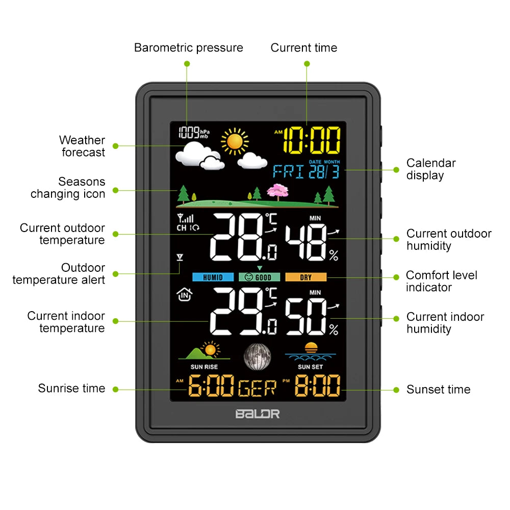 BALDR Wireless Color Weather Station DigitalThermometer Hygrometer Clock Calendar Barometer Sun Time Forecast Trend Sensor -40℃