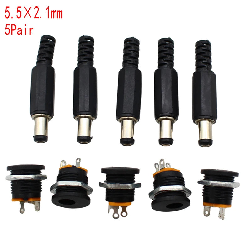 10PCS (5Pairs) DC12V 5.5 x 2.1mm Plastic Male Plugs DC022 DC Power Socket Female Jack Screw Nut Panel Mount Connector